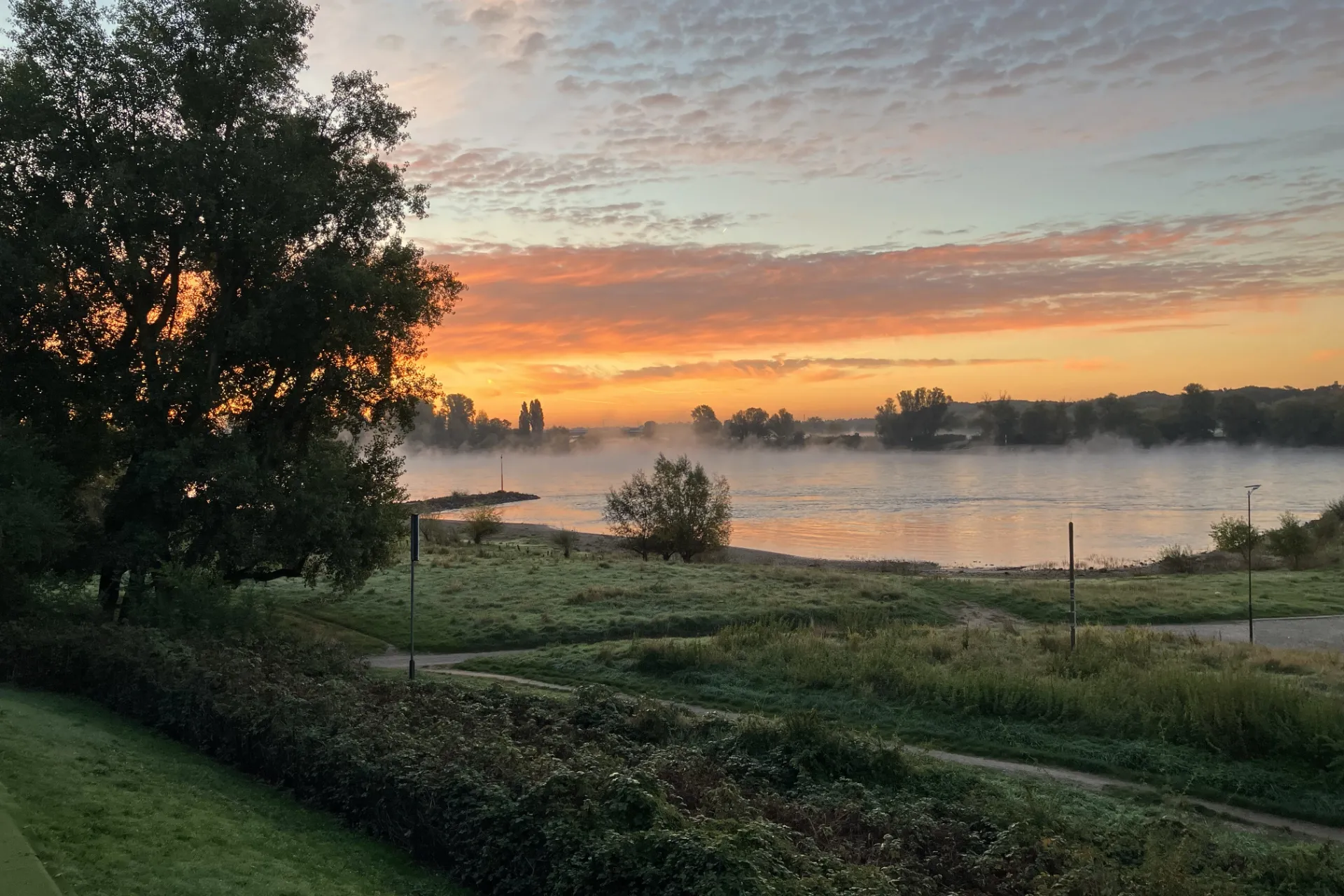 Blick vom Hotel Fährhaus auf den Rhein bei Sonnenuntergang